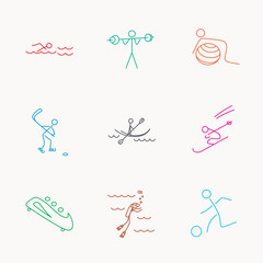 Swimming, football and skiing icons. Ice hockey.