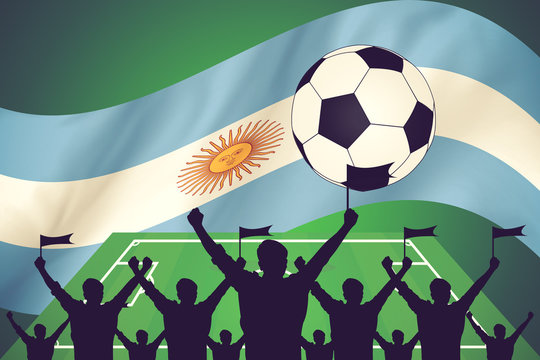 silhouettes of Soccer fans and flag of argentina vintage color