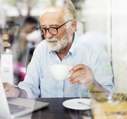 Senior Man Writing Working Coffee Shop Realxation Concept