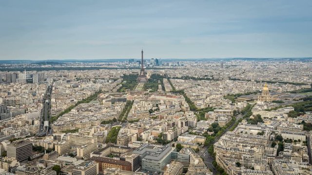 Paris high angle Skyline with the Eiffel Tower, France. Wide angle time lapse.