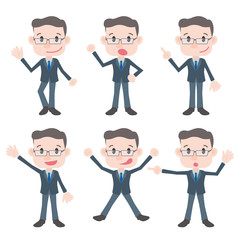 middle aged business person character various pose clip art set, vector illustration