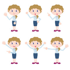young woman character various posing clip art set, vector illustration