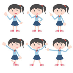 young school girl character various pose clip art set, vector illustration