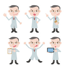 various posing character clip art set, doctor or professor wearing white coat, vector illustration