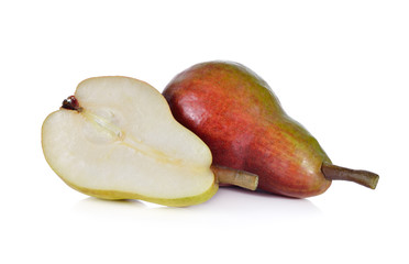 whole and half cut red pear with stem on white background