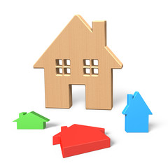 3D Big wooden house with three colorful small houses