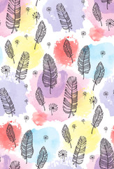 print, seamless pattern with feather, watercolor spots on a white background. Vector illustration