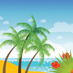 Summer holidays vector background with palm leaves, flowers and sea. 