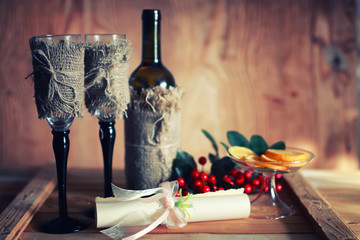 tone wine glasses invitation wooden background