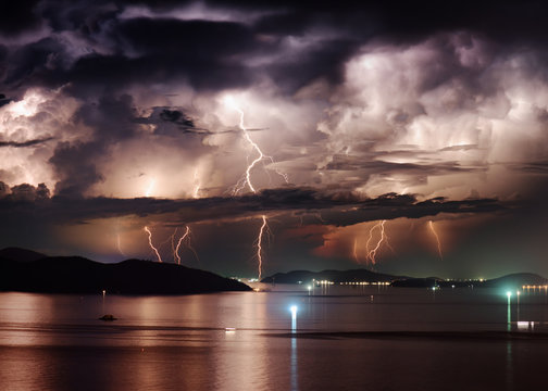 Beautiful stormy sky and lightning over Nha Trang Bay, Vietnam