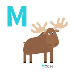 Letter M Moose Zoo alphabet. English abc with animals Education cards for kids Isolated White background Flat design