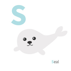 Letter S Seal Zoo alphabet. English abc with animals Education cards for kids Isolated White background Flat design