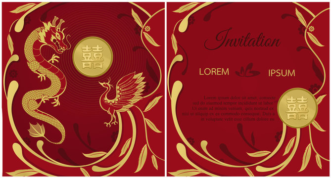 Chinese wedding card invitation,dragon and phoenix for symbolism