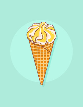 Colorful tasty isolated ice cream at a turquoise background. Crunchy wafer cone filled with lemon jam and cream ice cream. Vector Illustration.