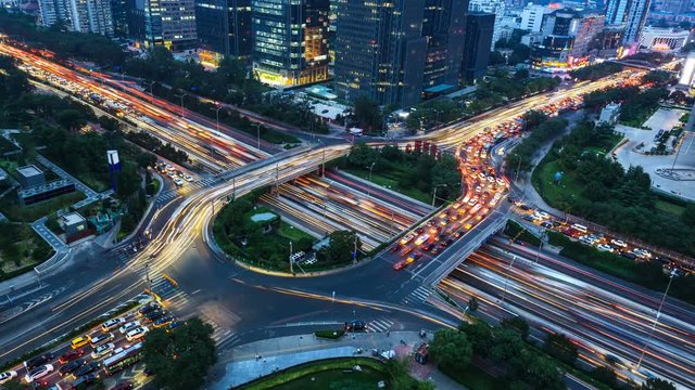 4K(4096x2304): Aerial View of freeway busy city rush hour heavy traffic jam highway. 