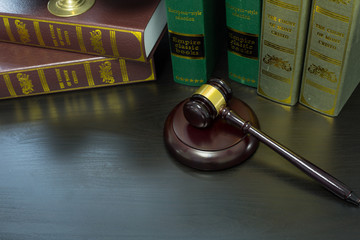 Wooden Judges gavel ,golden scales justice