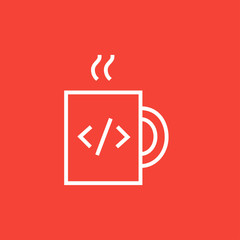 Cup of coffee with code sign line icon.