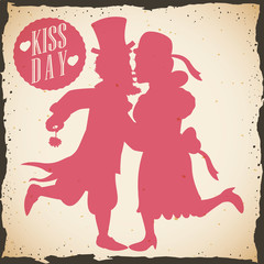 Retro Poster with a Formal Dressing Couple for Kiss Day, Vector Illustration