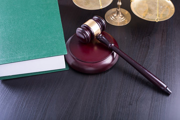 Wooden Judges gavel ,golden scales justice