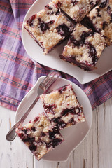 Berry Buckle close up on a plate. Vertical top view
