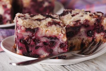 Cut macro blueberry pie on a plate. horizontal
