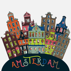 Obraz premium Amsterdam. Old historic buildings and traditional architecture of Netherlands. Vintage colorful hand drawn vector illustration. Design concept for banner, card, scrap booking, print, poster