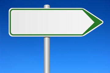 Panneau de signalisation blanc sur ciel bleu. (V)