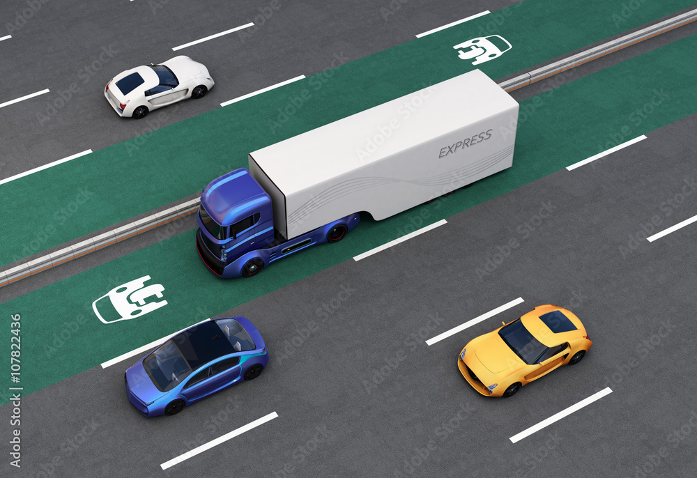 Poster hybrid truck on ev priority lane. concept for ev priority traffic on highway. 3d rendering image.