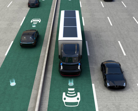 Hybrid truck and blue electric car on wireless charging lane. 3D rendering image.