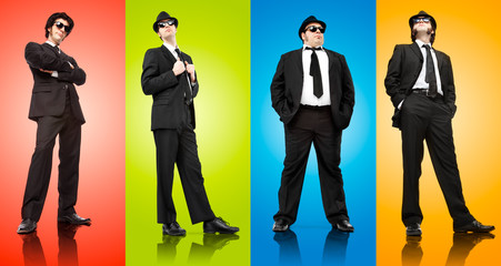 four mafia boss man with black suit isolated on different colours
