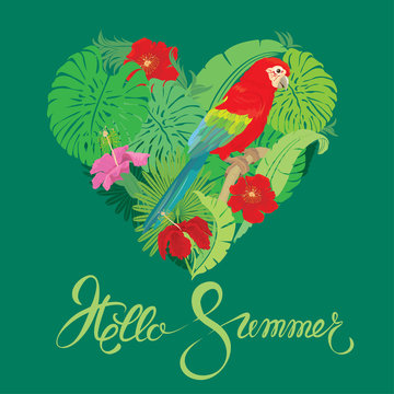 Seasonal card with Heart shape, palm trees leaves and Red Blue M