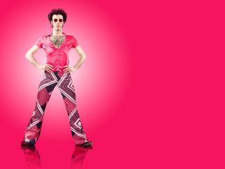 1970s vintage man stand with pink background