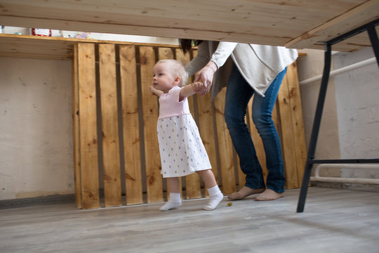 Mom And Baby Toddler Girl First Steps, Lifestyle Real Interior,