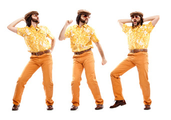 1970s vintage man with orange dress dance composition set isolated on white