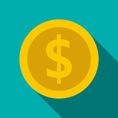Gold coin with dollar sign icon, flat style
