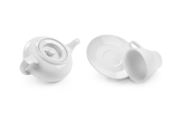 porcelain cup with a cup and a kettle on a white background