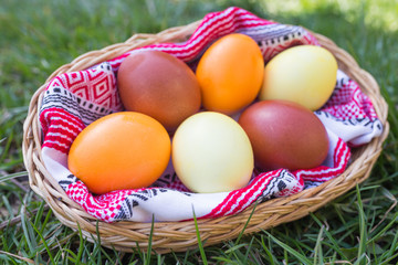 Unique hand painted Easter eggs in basket on grass. Traditional decoration in sun light