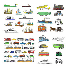 Big set with different transport. Passenger transport. Traffic. Retro transport.  Set with boats.  Isolated  on a white background.