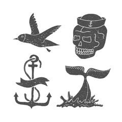 Marine themes & tattoo. Ocean. Whale. Skull. Anchor. Gull. Vector illustration in doodle style.