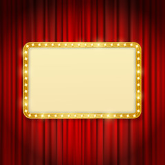 golden frame with light bulbs on red curtains background. vector