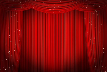 Open red curtains with glitter opera or theater background