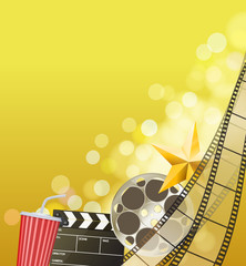 Cinema background with filmstrip, golden star, cup, clapperboard