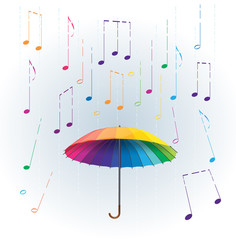 colorful rainbow umbrella with like rain falling musical notes