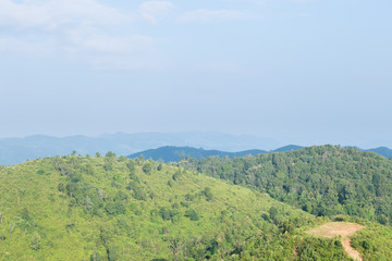 Sky, forest and mountains.