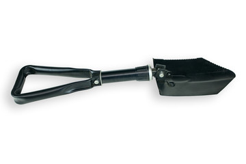 Black folding camping shovel isolated on white background