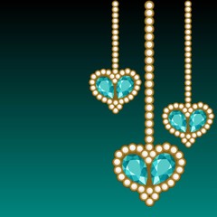 Dark green background with three jewelry hearts