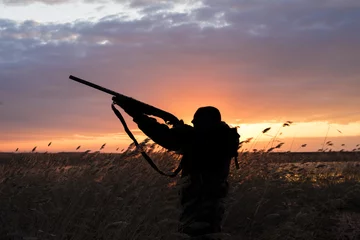 Sierkussen Silhouet van de jager met het jachtgeweer op een zonsondergangachtergrond © river34