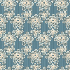 Beige seamless flower lace pattern on blue background
