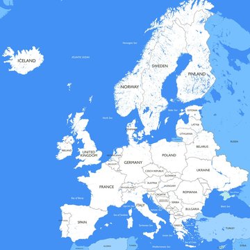 Detailed white Europe map | Vector a large color map of Europe