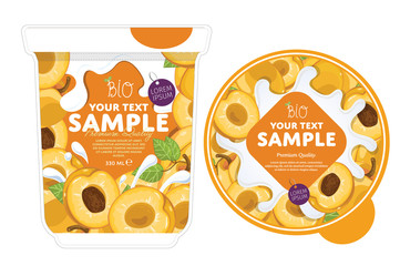 Apricot Yogurt Packaging Design Template. Yogurt Splash on Apricot. Milk Spash, Apricot yogurt. Sweet desert. Healthy breakfast. Dairy product. Organic food. 